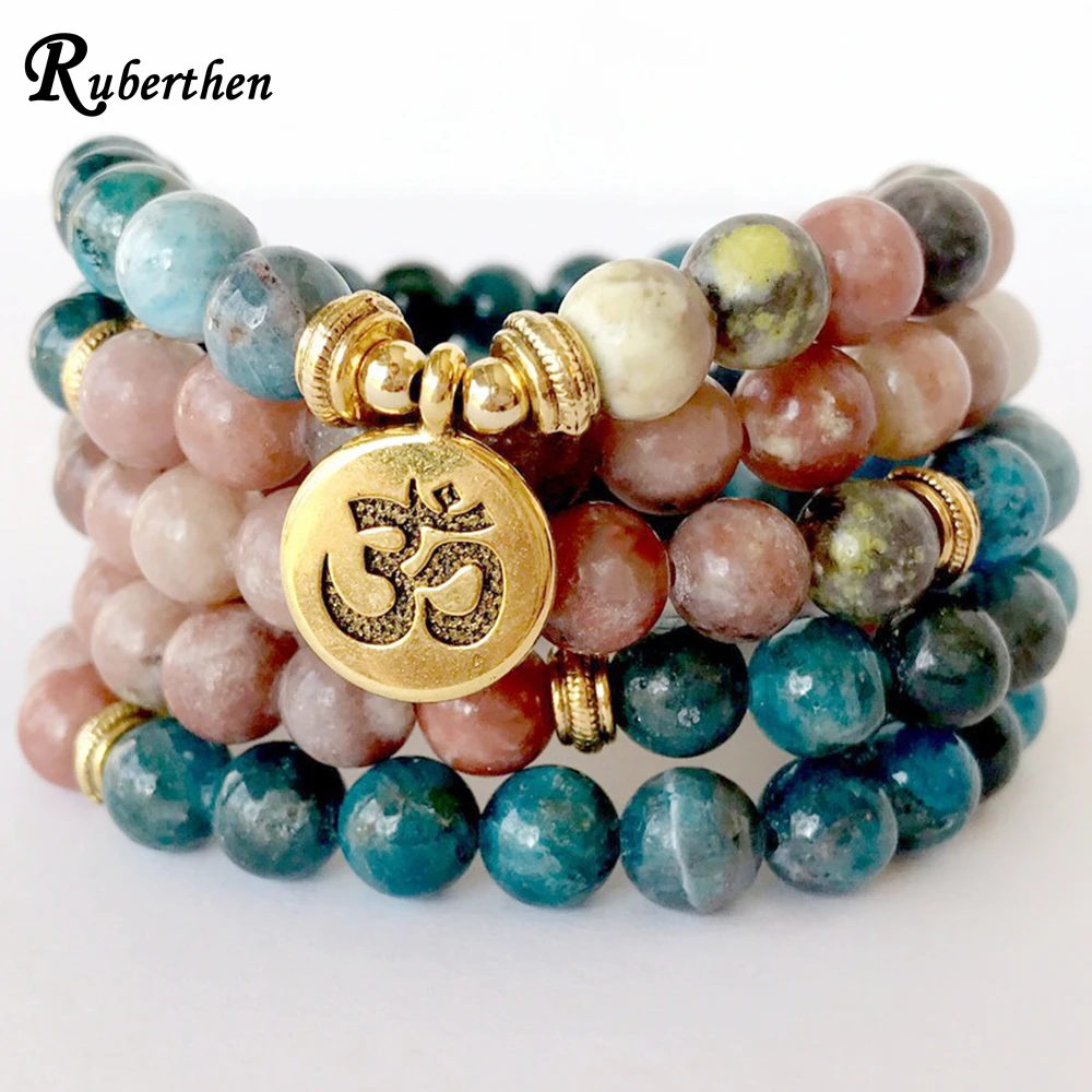 

Ruberthen New Design Argentina Rhodonite 108 Mala Bracelet Natural 8 mm Blue Apatite Jewelry Meditation Spiritual Yoga Bracelet