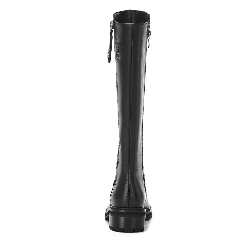 Meotina Winter Riding Boots Women Natural Genuine Leather Thick Heel Knee High Boots Zip Round Toe Shoes Ladies Fall Size 34-39