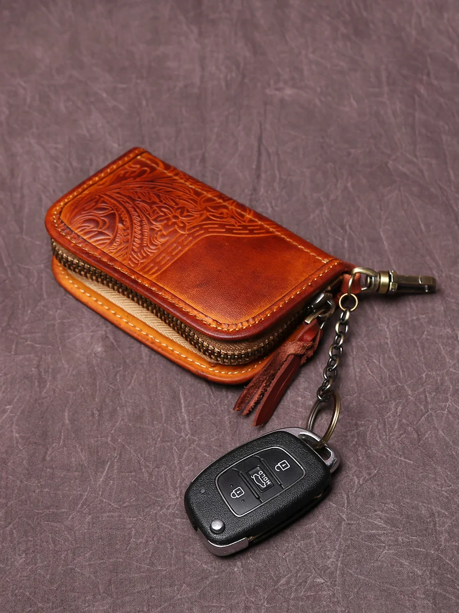 NZPJ Men's Leather Key Bag, The First LayerOf Cowhide, Ladies' Purse, Multi-functional Vintage Vegetable Tanned Leather ID Bag.