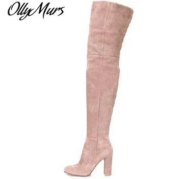 

Women Winter Long Boots Chunky Heels Round Toe Suede Over The Knee Boots For Women Sexy Tight High Boots Side Zipper Dress Shoes