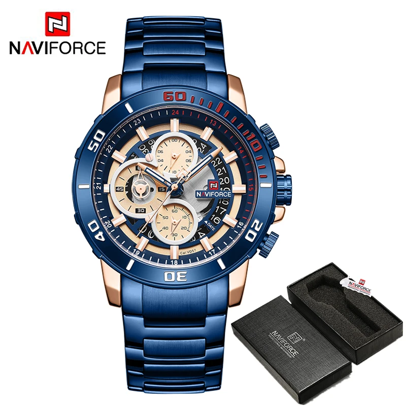 RGBE BOX NAVIFORCE Бизнес спортивные часы Для мужчин высокое качество, модные, с хронографом, кварцевые часы для джентльмена Нержавеющая сталь браслет часы подарки - Цвет: RGBE BOX