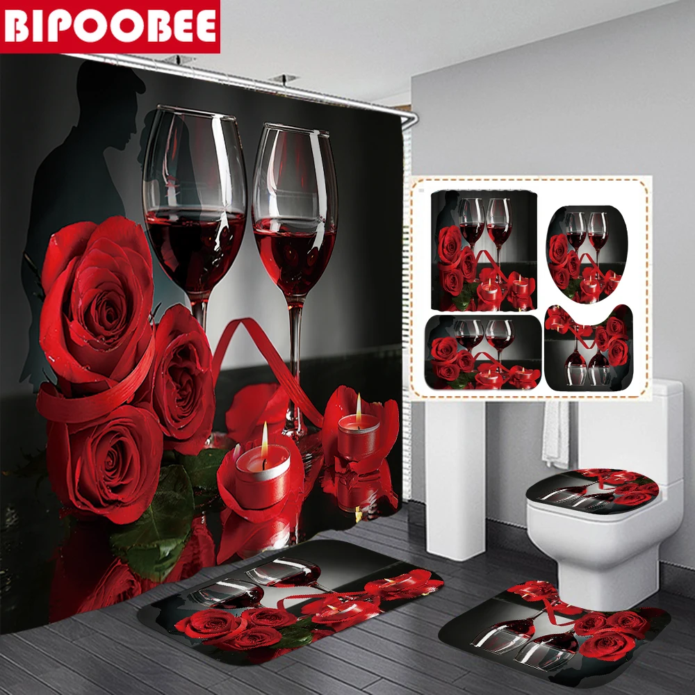 Wine Romantic Red Rose Shower Curtain Set Toilet Lid Cover and Bath Mat Valentine's Day Bathroom Curtains with Hooks Home Decor