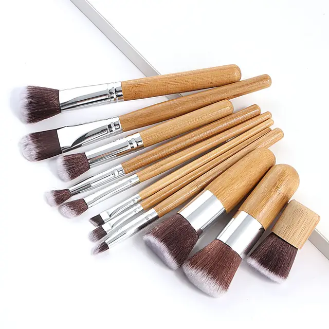 Hot 11pcs Natural Bamboo Handle Makeup Brushes Set High Quality Foundation Blending Cosmetic Make Up Tool