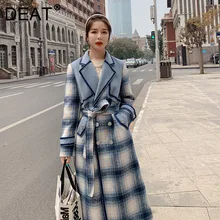 DEAT Woman Woolen Coat Blue Plaid Color Block With Sashes Vintage Style Lapel Collar Loose Jackets 2022 Autumn Fashion 15AK065
