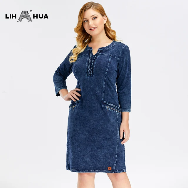 LIH HUA Women's Plus Size Denim Dress Elasticity  Knitted Denim Dresses Slim Fit Casual Dress Shoulder Pads Midi Dress 1