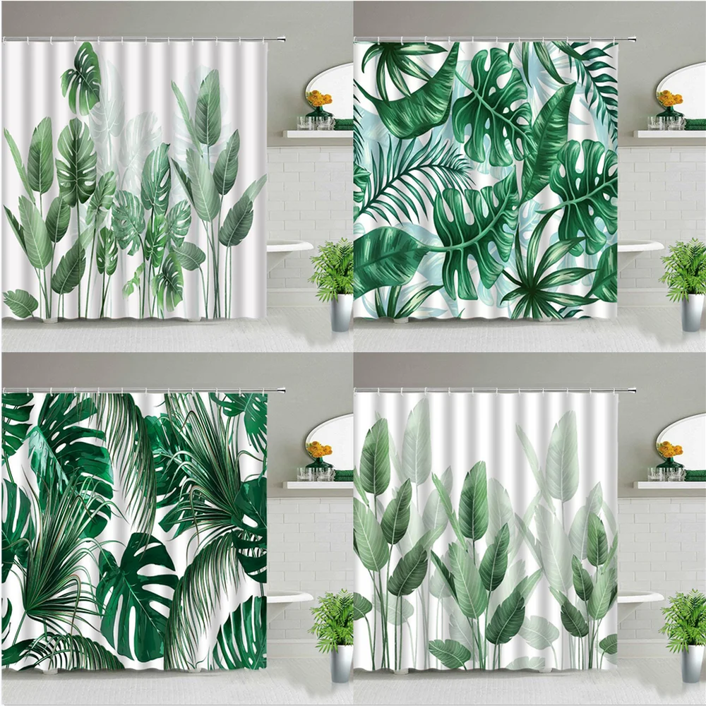 

Green Leaves Shower Curtains Monstera Leaf Tropical Plant Spring Bathroom Curtain Bathtub Decor Set Waterproof Fabric With Hooks