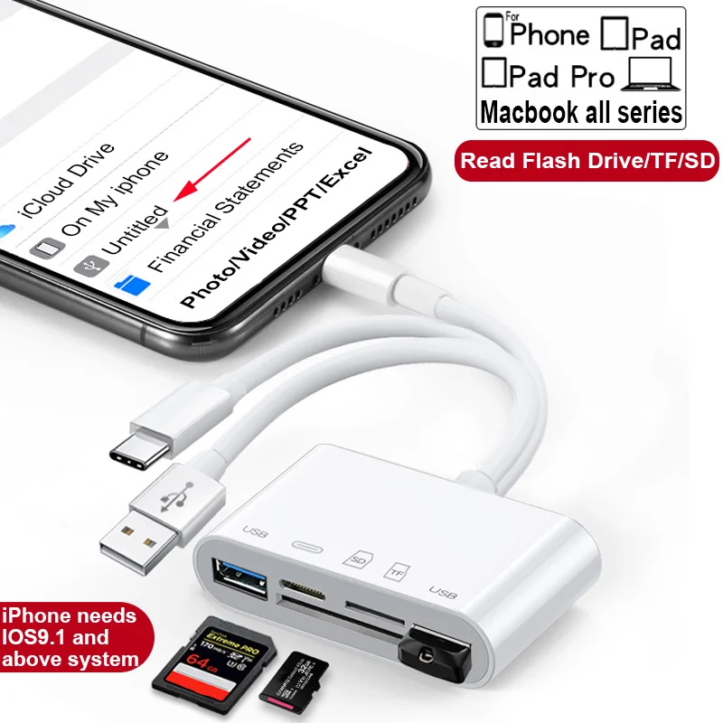 Многофункциональный адаптер OTG USB для камеры Lightning/Micro SD/TF комплект считывания карт Iphone Ipad Apple Ios 13|Картридеры| |