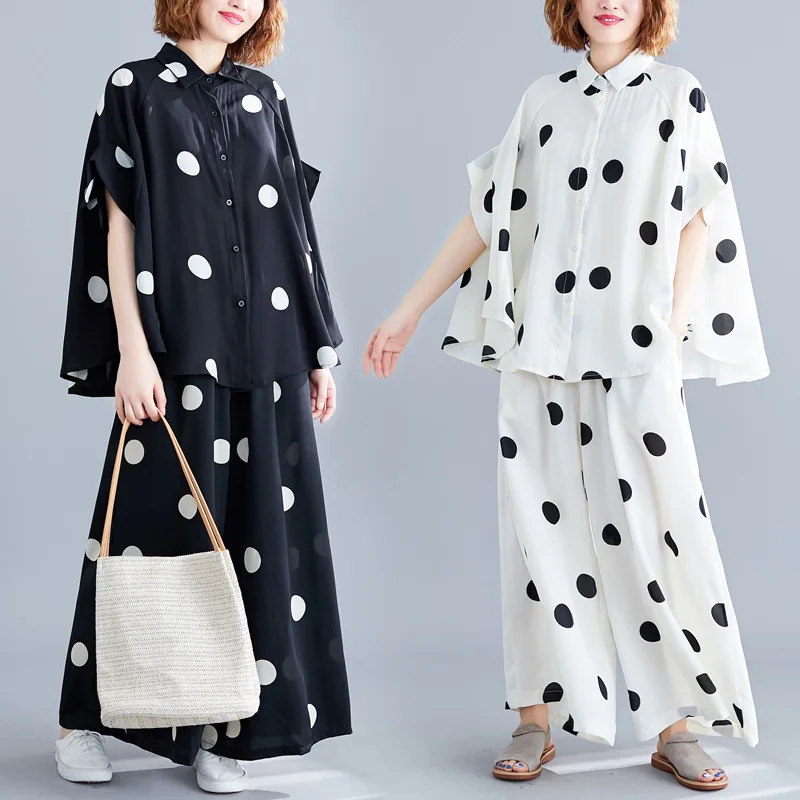 

2020 Summer New Style Cape Polka Dot Shirt Loose-Fit Cover Meat Casual Loose Pants Two-Piece Set