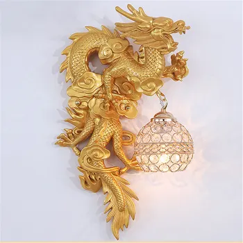 

Southeast Asia Chinese dragon resin wall lamp gold luxury home deco living room study wall sconce light dining room led fixtures