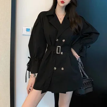 

Women Coat Female Mini Coat Autumn Skirt Coat Long Sleeve Solid Color Straped Coat H9