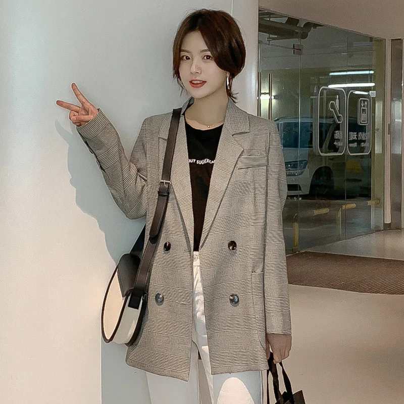 

2019 Autumn Korean-style New Style Small Suit Coat Retro Double Breasted Plaid Mid-length Loose-Fit Leisure Suit Women's