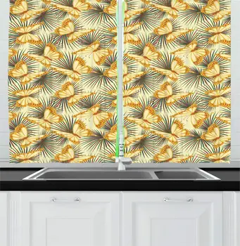 

Pale Yellow Amber Nature Kitchen Curtains Dotted Butterflies Pattern with Exotic Colorful Leaves Motifs Window Drapes