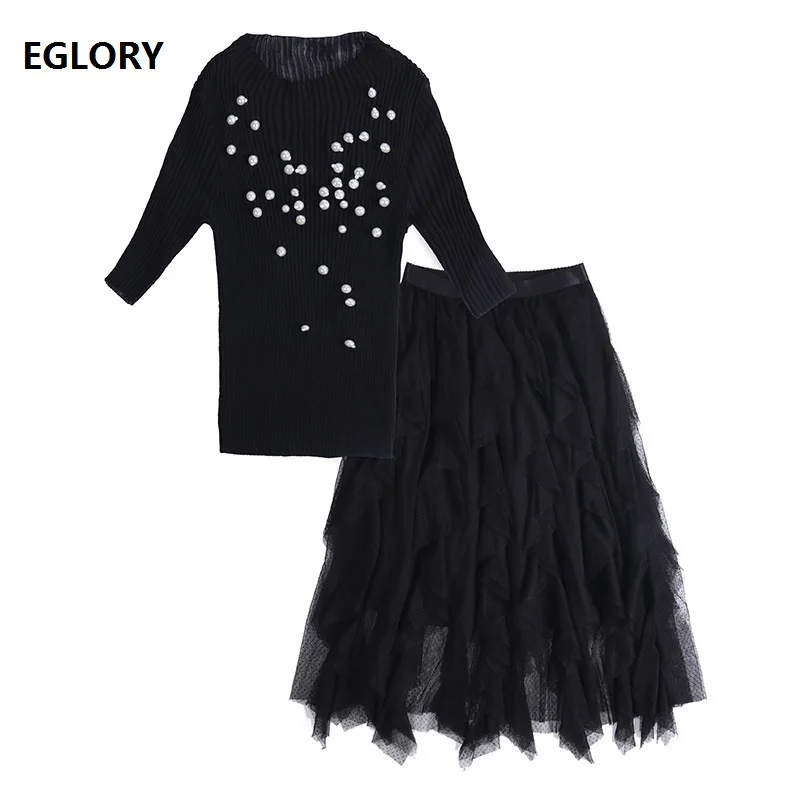 

Top Grade Designer Clothing Sets 2019 Autumn Women Pearl Beading Black Grey Pullovers+Mid-Calf Length Sexy Ruffle Skirt Sets 2pc