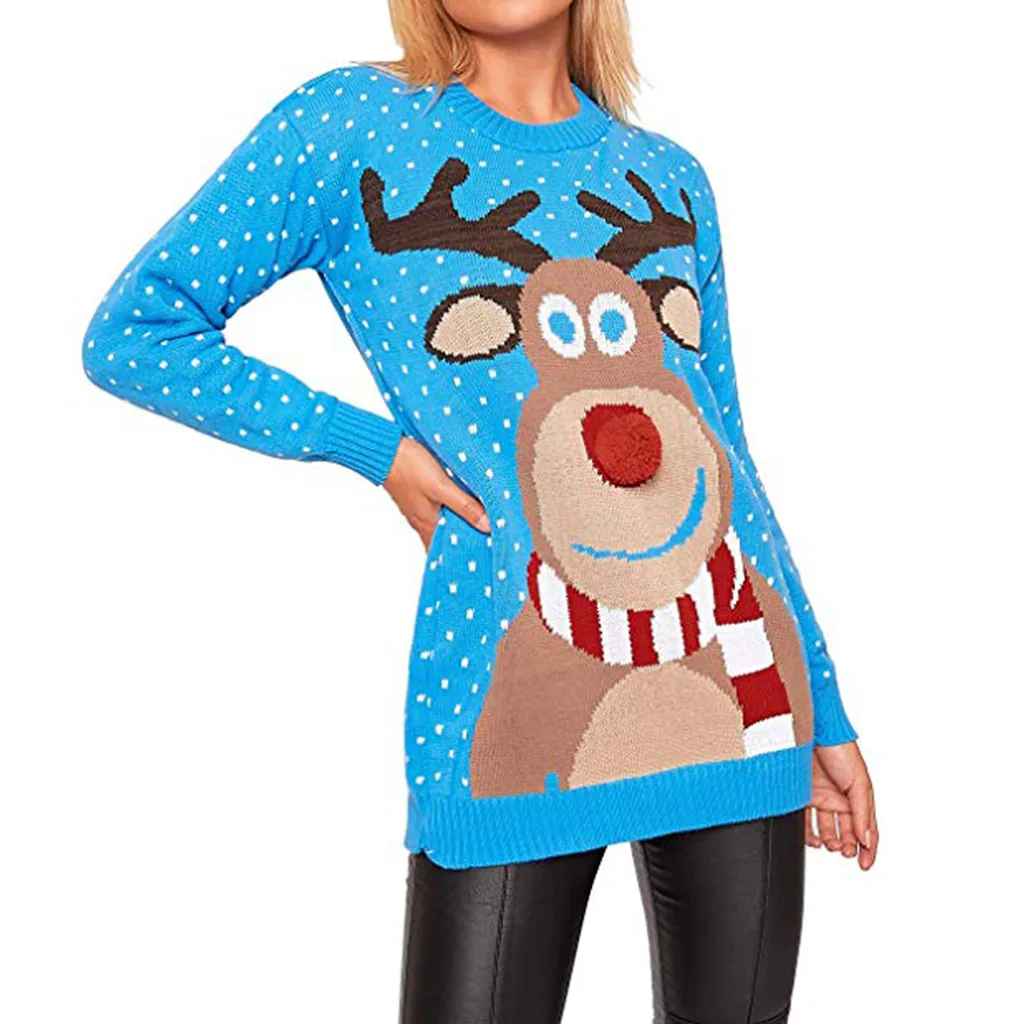 Рождественский олень печати зимний женский свитер теплый вязаный пуловер свитер женский свитер с длинными рукавами вязаный Топ Блузка