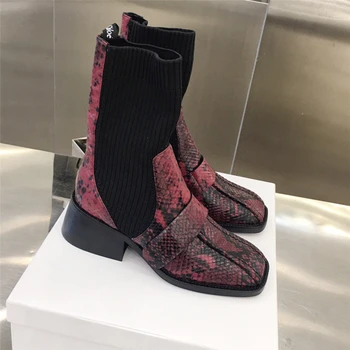 

Mixed Colors Shoes Woman Sock Boots Woman Wedges Botas Mujer Snake Leather Zapatos De Mujer Slip On Ladies Shoes Stretch Boots