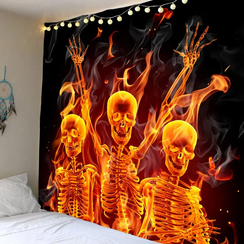halloween tapestry, flame skull, flame skull polyester tapestry