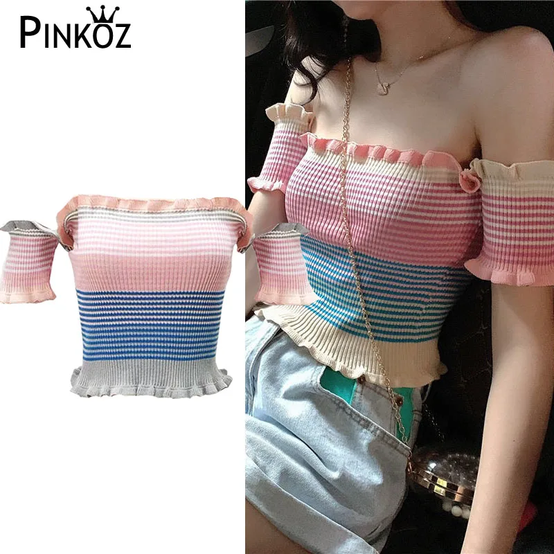 Pinkoz тонкий милый вязаный Топ клетчатый розовый летний короткий топ с рюшами и