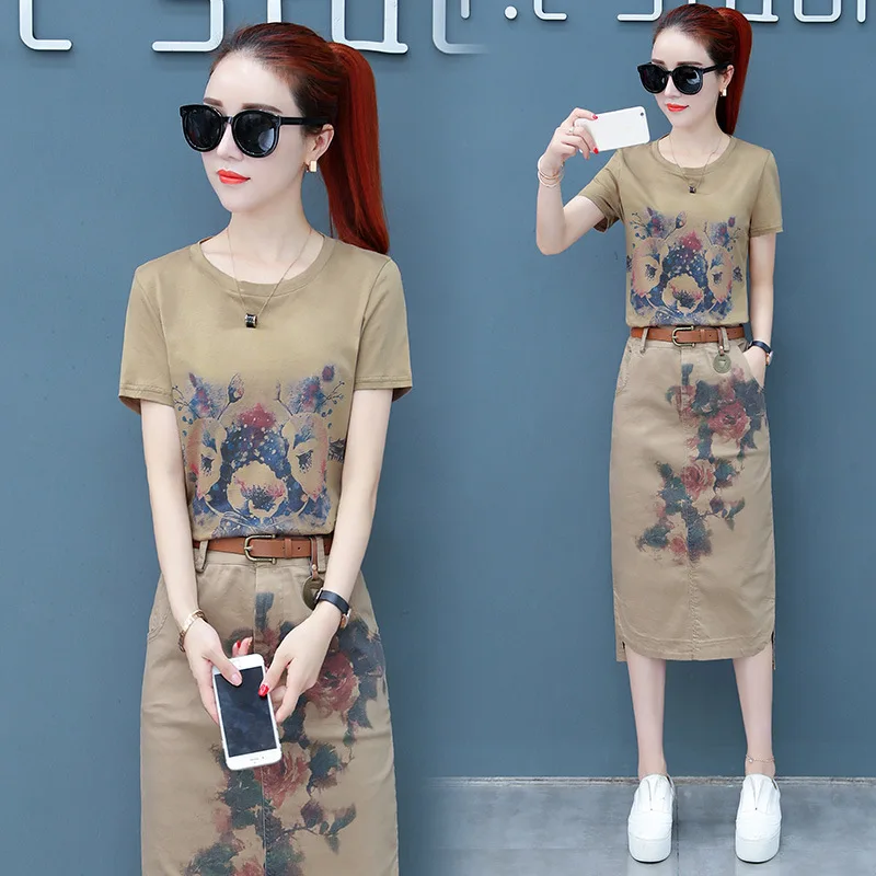 

Fashion Casual WOMEN'S Suit 2019 Summer New Style Korean-style Loose-Fit Pure Cotton Short-sleeved T-shirt with Skirt Two-Piece