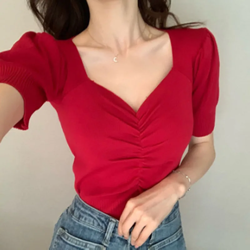 2020 Summer Sexy Women T-Shirts And Tops Retro New Arrival Korean Puff Sleeve Slim V-Neck Short Sleeve Sweater Top Female