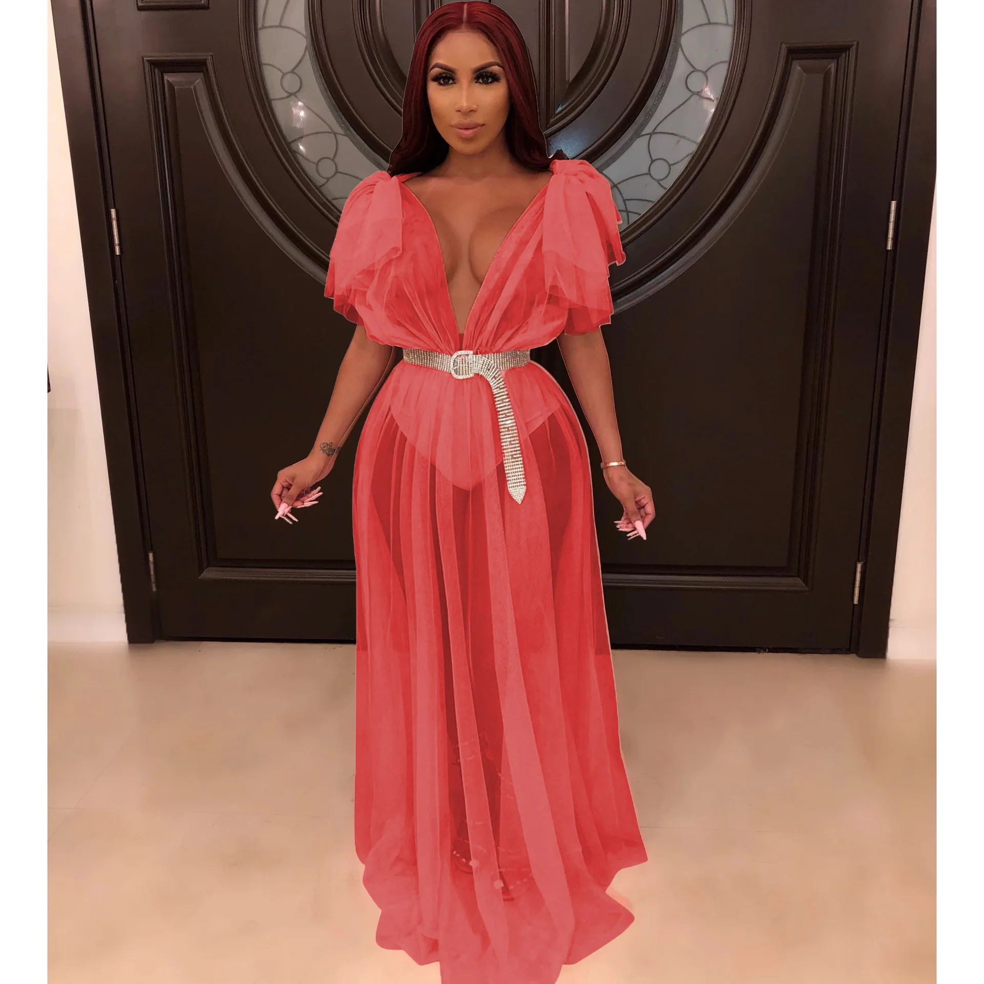 

Pure Color Sexy Bohemian Beach Dresses V Neck Maxi Runway Dress Casual Comfortable Spring Party Vestido