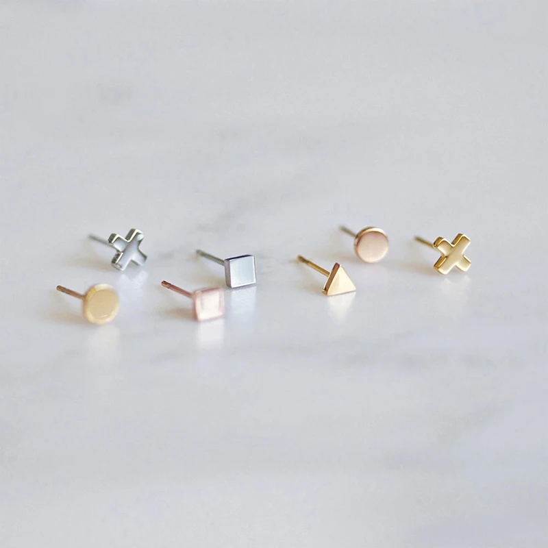 JUJIE 316L Stainless Steel Geometric Earrings For Women 2021 Small Delicate Triangle Cross Round Heart Stud Earring Jewellery | Украшения и