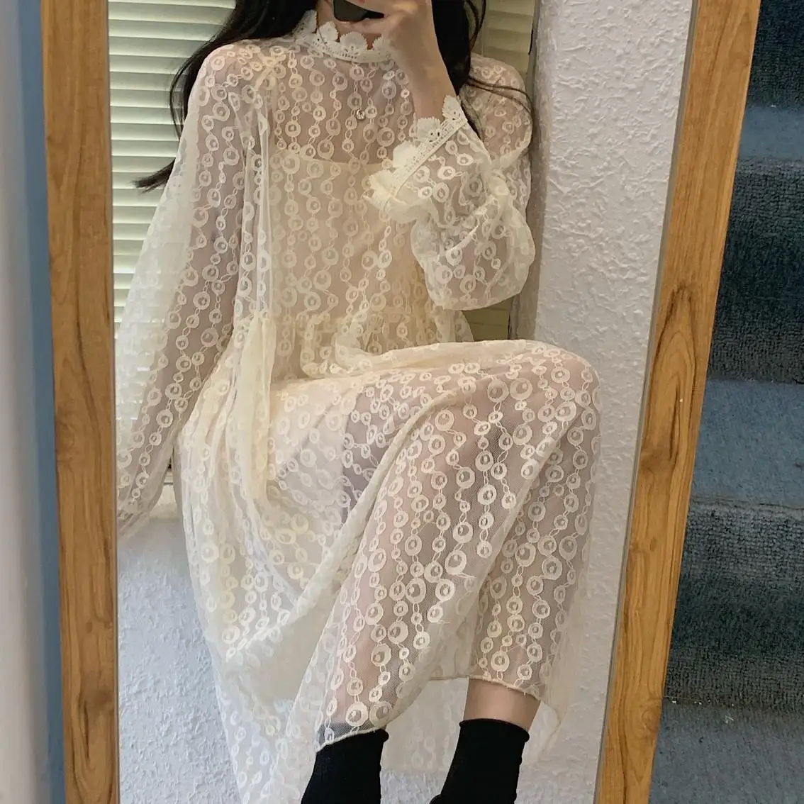 

Real shot 2020 New style with loose and thin medium length lace dress for women