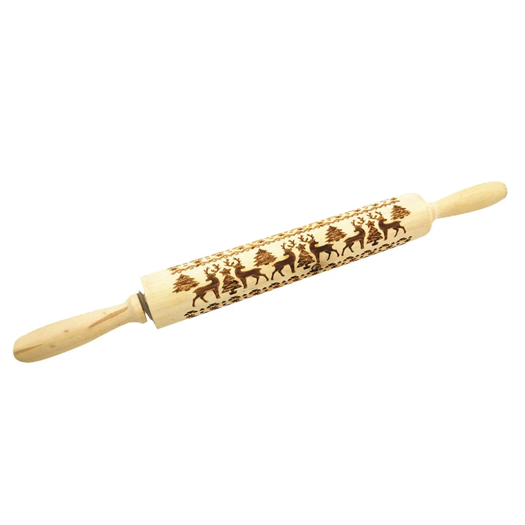 Kitchen Wood Christmas Embossing Rolling Pin Engraved Carved Embossed Christmas Baking Pastry Tool Cake Patterned Roller#WS