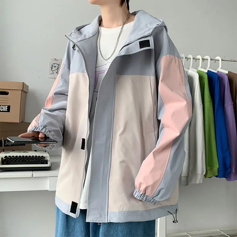 

Autumn Hooded Jacket Men's Fashion Contrast Color Casual Utility Jackets Mens Streetwear Loose Hip-hop Bomber Jacket Men M-5XL