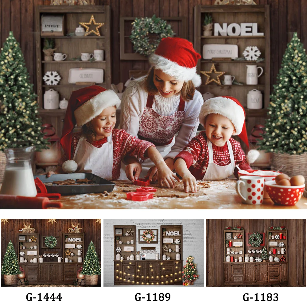 

Christmas Kitchen Backdrops for Photography Brown Wood Cupboard Backgrounds for Photo Studio Christmas Tree Decorations Supplies