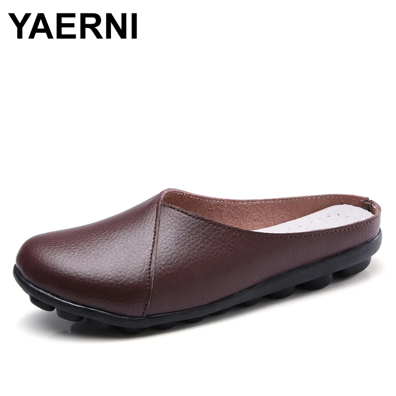 

YAERNI Plus Size Flat Shoes 2018 Fashion Mules Womens Leather Split Slip On Flip Flops Women's Slippers Shoe SlidesE1302