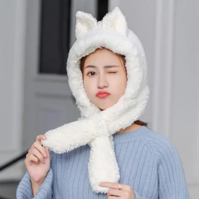 HANGYUNXUANHAO зимняя женская шапка с милыми кошачьими ушками Толстая зимняя Круглая Шапочка без полей модная женская меховая шапка с пальто с искусственным мехом вязаная шапка - Цвет: White