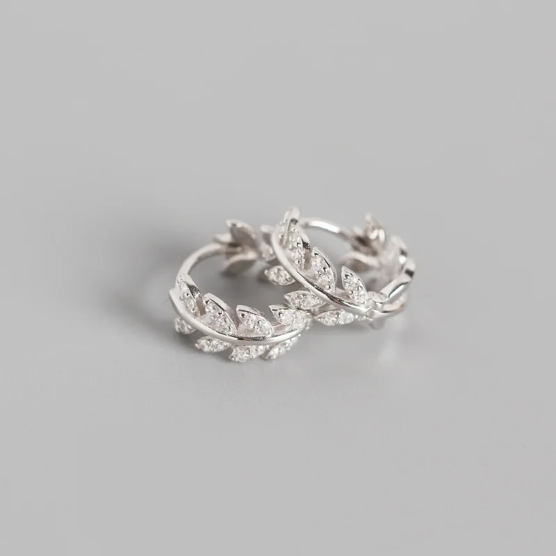 Настоящее 925 пробы, серебряные серьги для женщин, маленькие Роскошные хрустальные серьги-кольца с листьями, оливковые листья, свадебные модные ювелирные изделия