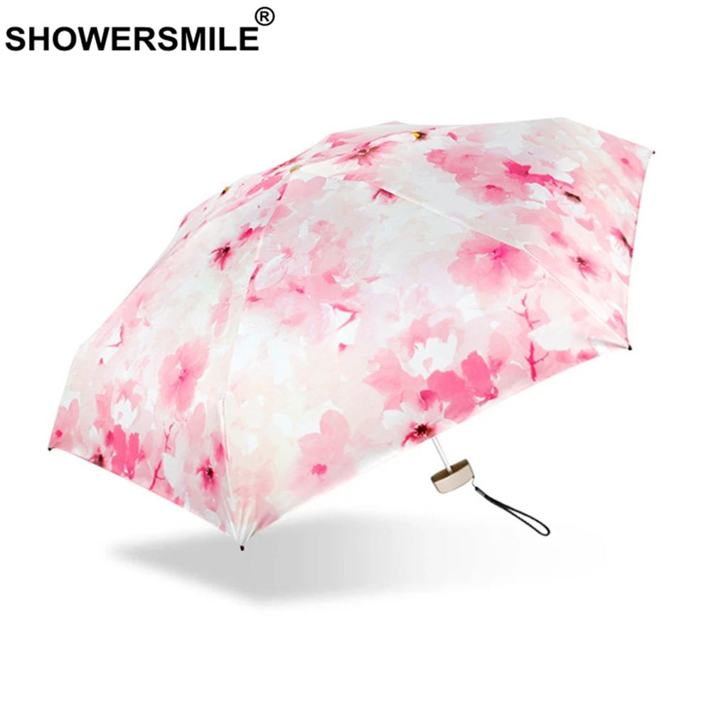 

SHOWERSMILE Mini Pocket Umbrella Women Pink Flower Print Ultra Light Umbrella Small Fashion Folding Sun Rain Lightweight Parasol
