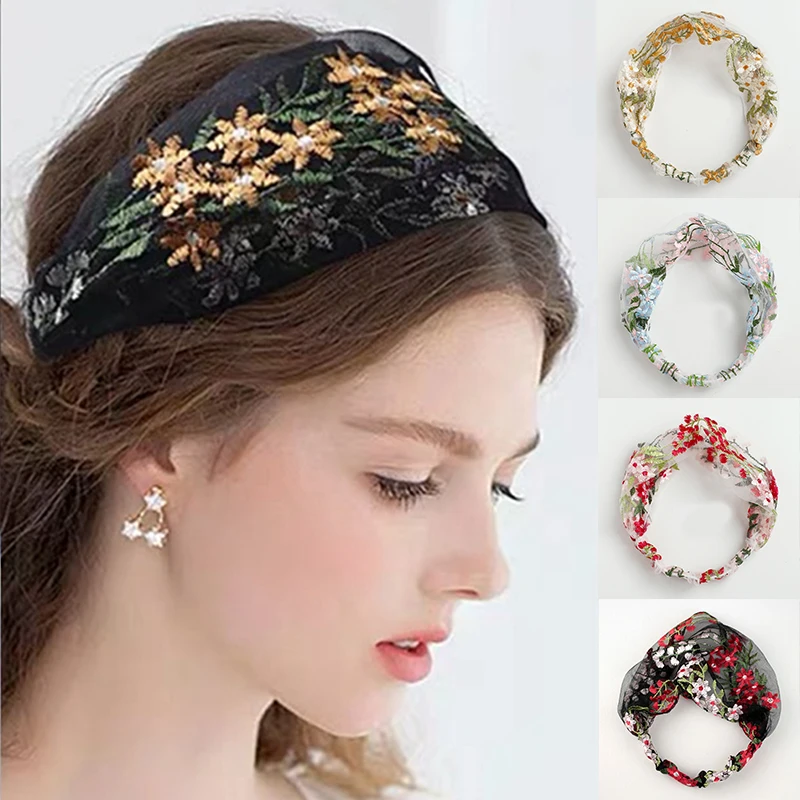 

Vintage Handmade Washing Face Hairband Headwrap Elastic Hair Bands Embroidery Lace Flower Hair Accessories Women Wide Headband
