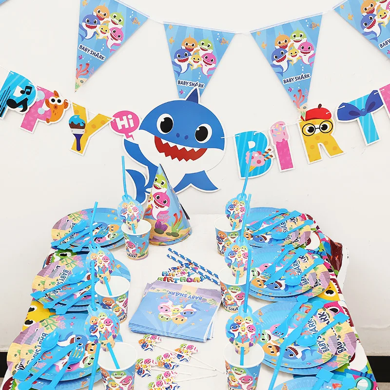 

Amazon Hot Selling Children Birthday Party Accessories Baby Shark Baby Party Decoration Tableware Set