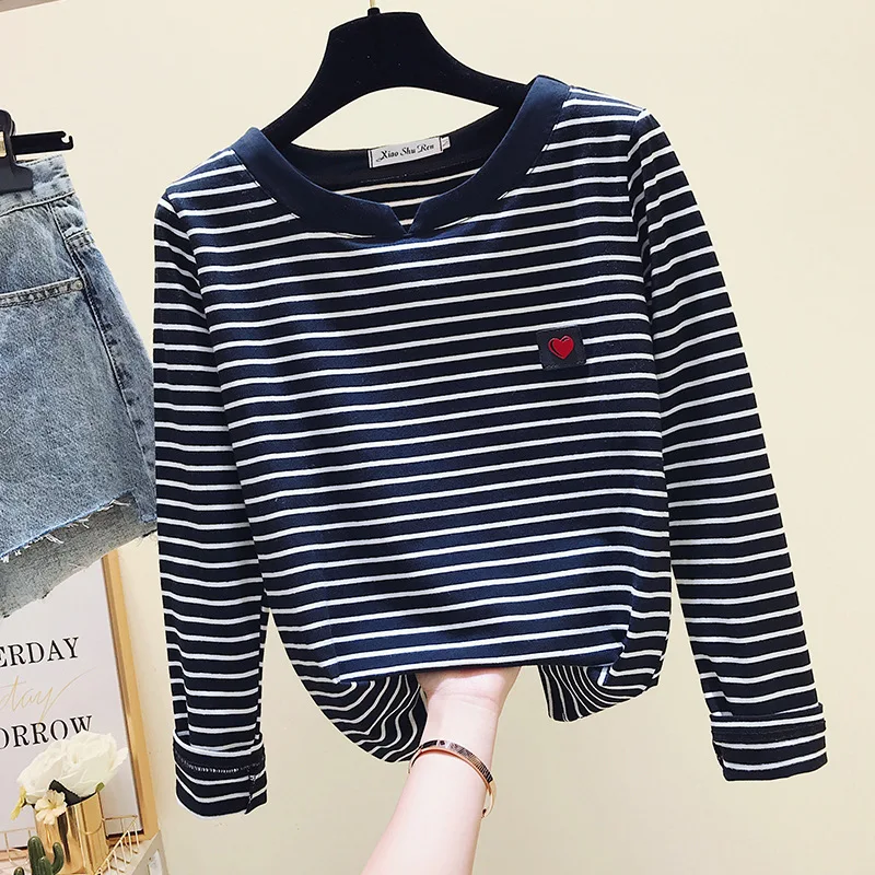 2022 Women Striped T Shirts Long Sleeve 95% Cotton Tops Casual Women Autumn T Shirts Tops Women TopsPull Femme524_voghion.com