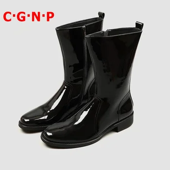 

C·G·N·P Autumn Winter Black Patent Leather Men Boots High Quality Mid-calf Zipper Boots Handmade Mens Dress Shoes