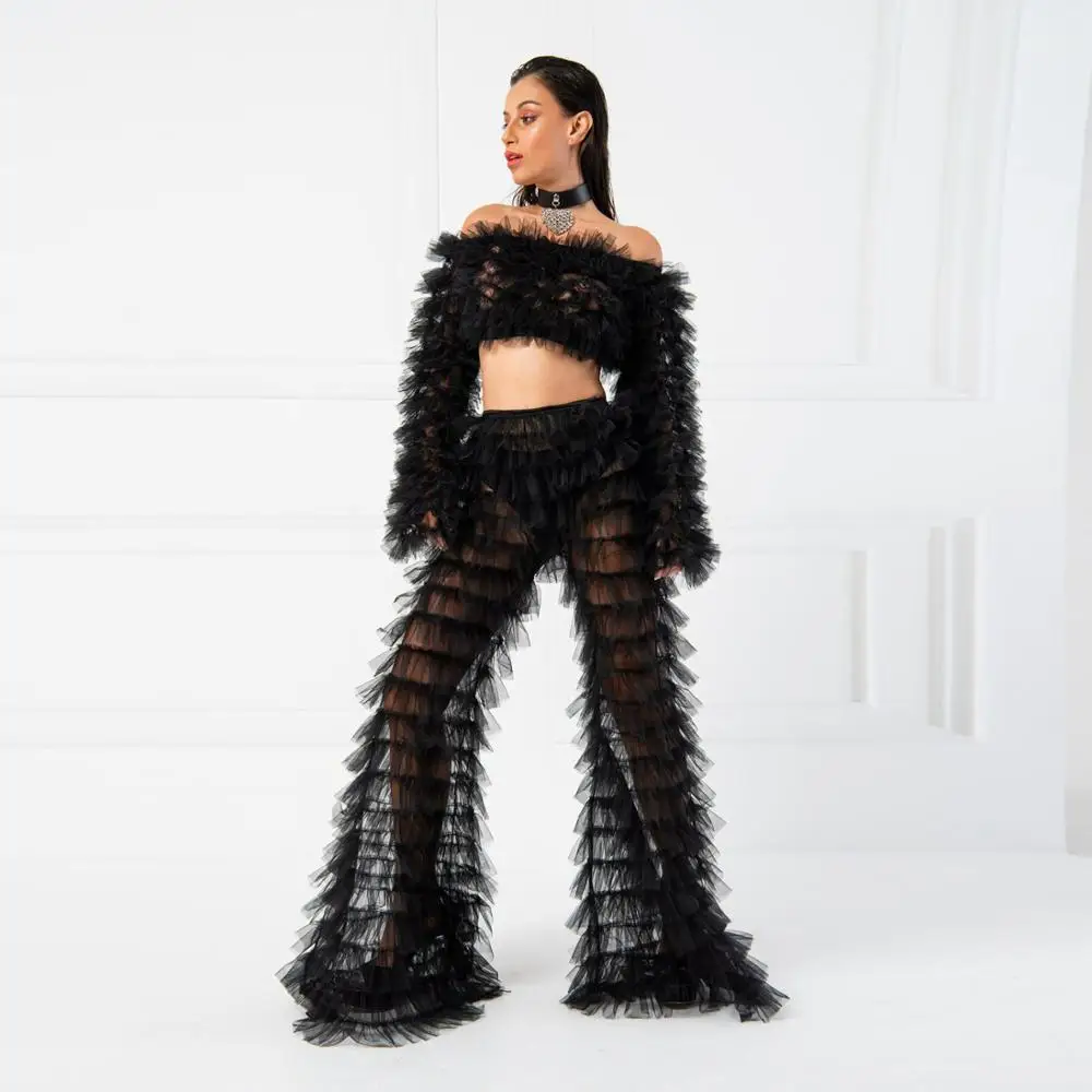 Sexy Black Tiered Ruffle Tulle Pants High Street Women Maxi Long Tulle Pants Sheer See Through Ruffled Tiered Tulle Party Wear