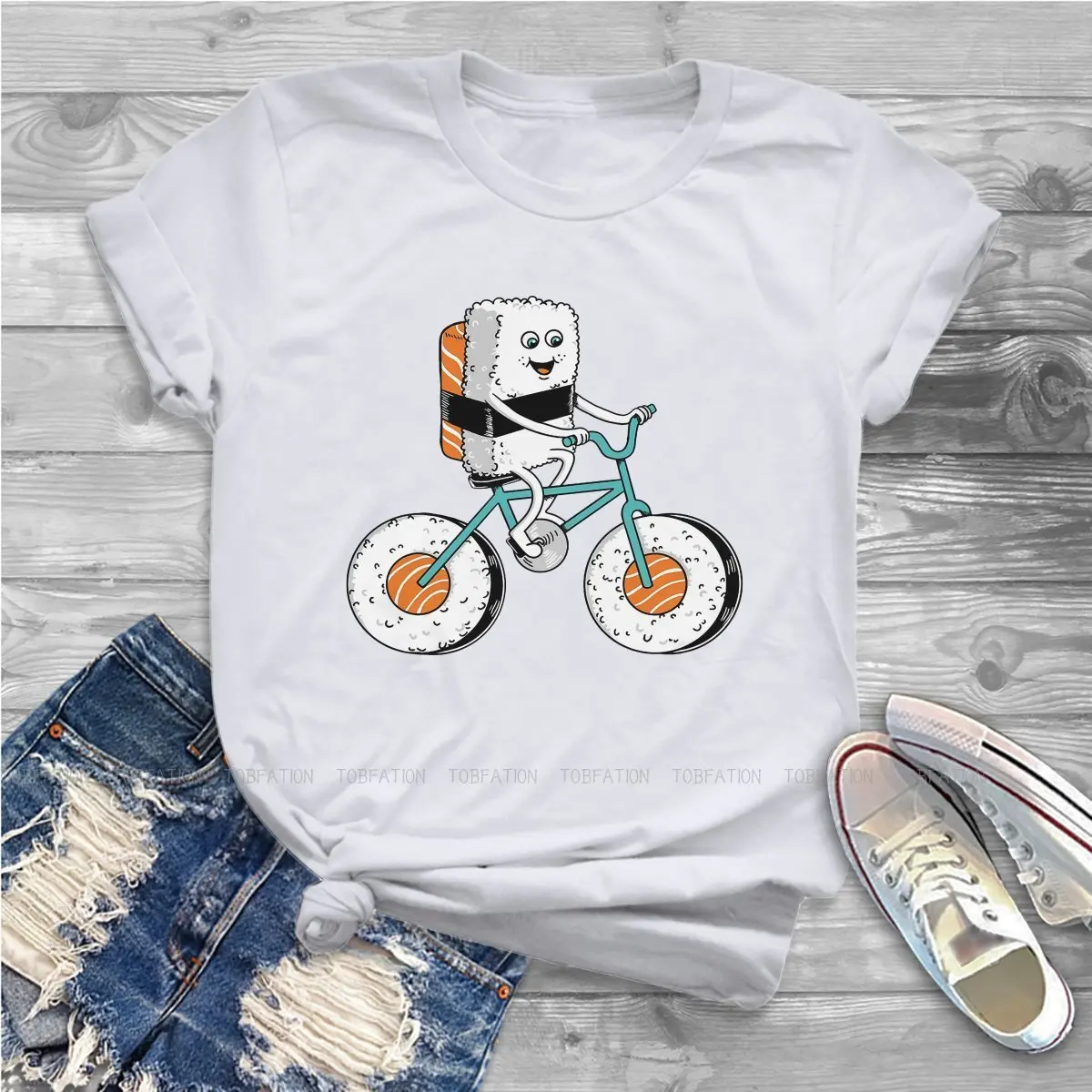 

Bicycle Women Tshirts SUSHI Kawaii Food Aesthetic Vintage Female Clothing Cotton Graphic Tops