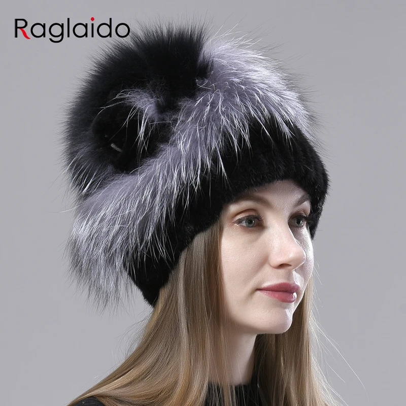 winter hat for woman stylish warm natural mink fur hat knitted with fox fur fluffy fur cap fashion female elegant fur hats