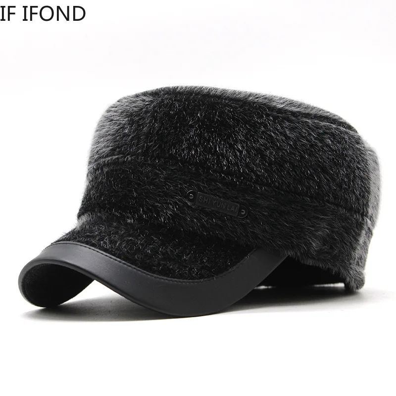 High Quality Faux Fur Men's Military Caps With Ear Flaps Winter Warm Thicken Flat Top Dad Hat Snapback Hats Bone | Аксессуары для