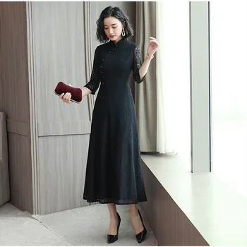 

Chinese Traditional Women Long Black Lace Improved Cheongsam Half Sleeve Mandarin Collar Qipao Casual Dress Large Size 3XL