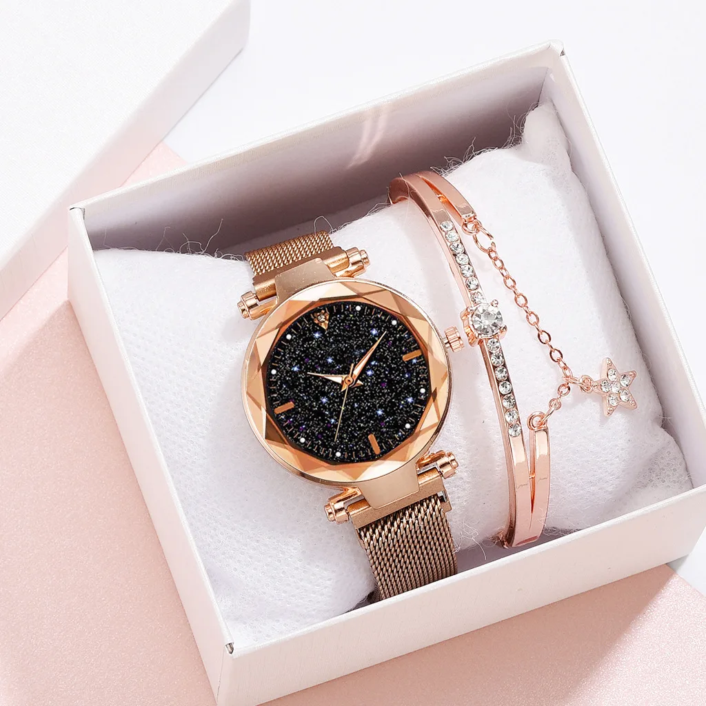 Модные женские кварцевые часы звездного неба, женские часы из розового золота, водонепроницаемые женские наручные часы, Relogio Feminino Reloj Mujer - Цвет: Rose Gold bracelet