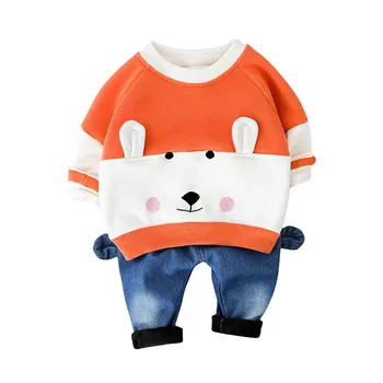 

New Baby Suits Autumn Infant Baby Boys Girls Long Sleeve Cartoon Print Sweatshirt Tops+Denim Pants Trouser Costume Set h