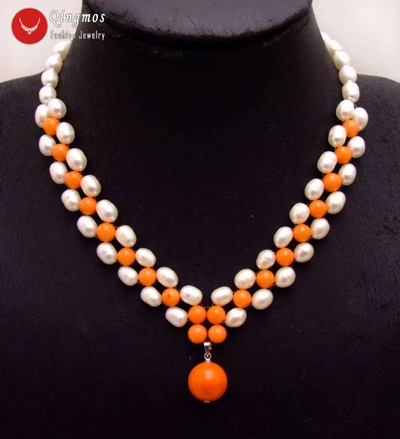 

Qingmos 7-8mm Rice Natural White Pearl Necklace for Women & Orange Coral Handwork Weaving Pendants Necklace 17'' Chokers nec6188