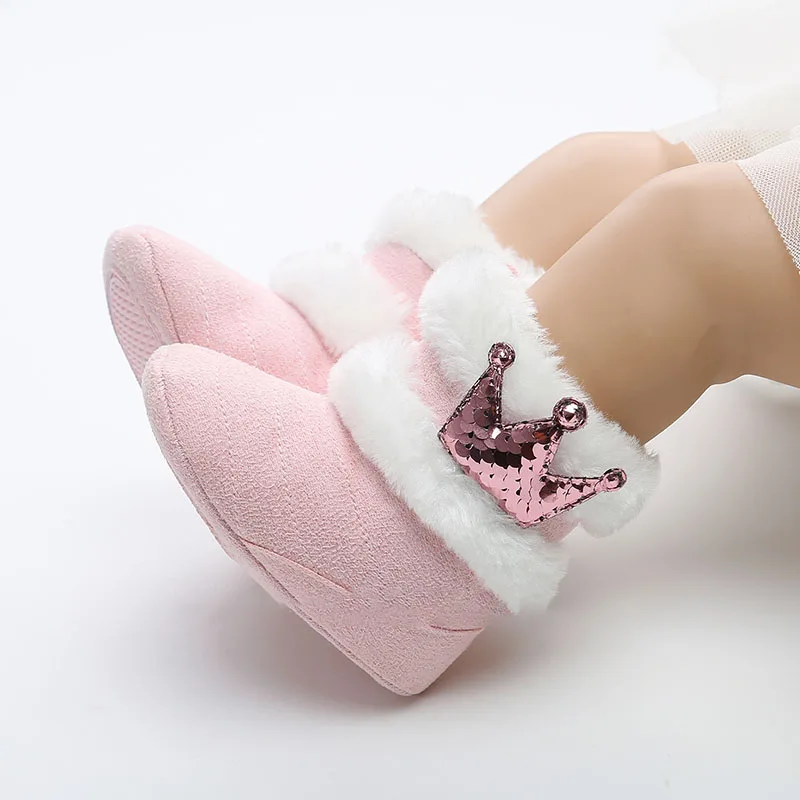 Детская обувь для малышей; обувь для мальчиков и девочек; зимние теплые ботинки с короной; детские ботинки с высоким голенищем на липучке; Зимние Повседневные утепленные хлопковые ботинки - Цвет: Pink Crown