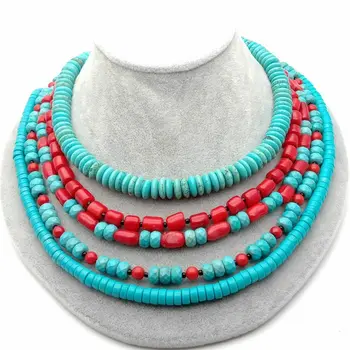 

19'' 5 Strands Rondelle Blue Gems Stone Red Coral Necklace