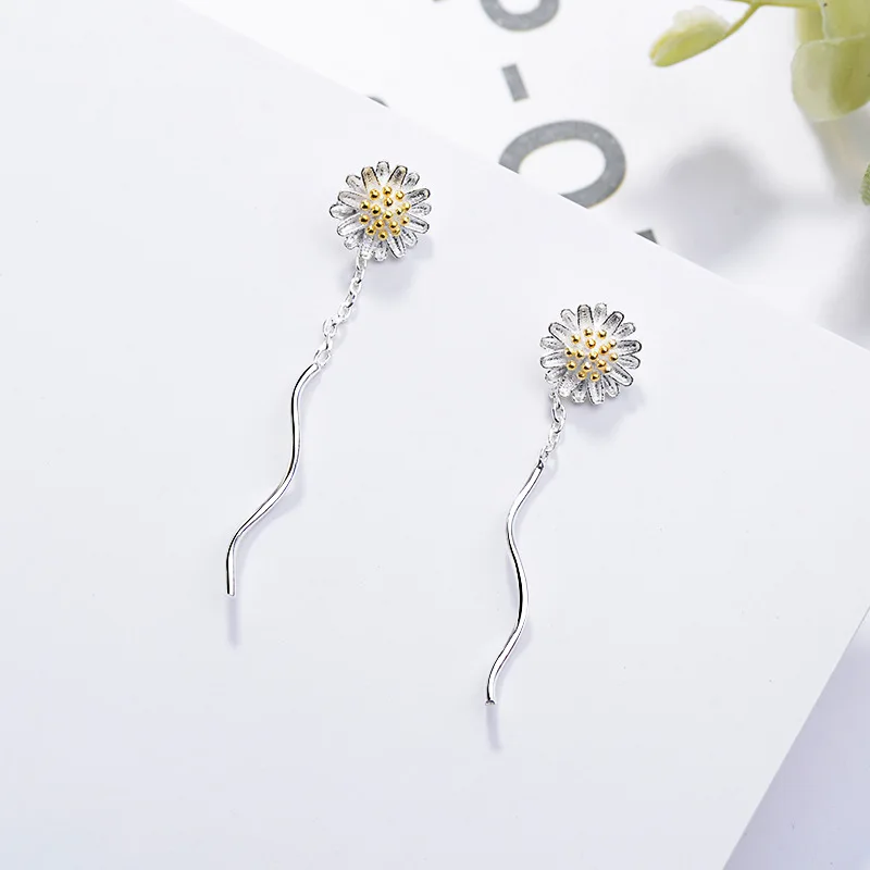 Small Enamel Daisy Long Chain Tassels Earrings Female Woman Metal