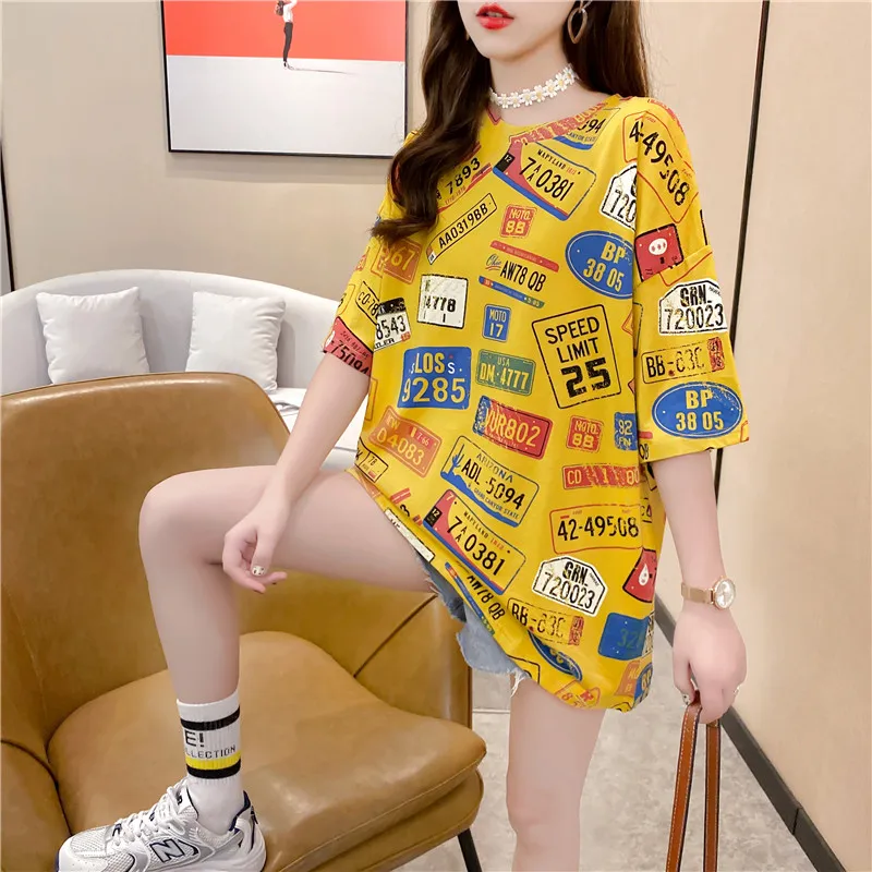 Summer New Large Size Women Short Sleeve T-shirt Number Letter Print Street  Wear Female Tops O Neck Harajuku Oversize Long Shirt