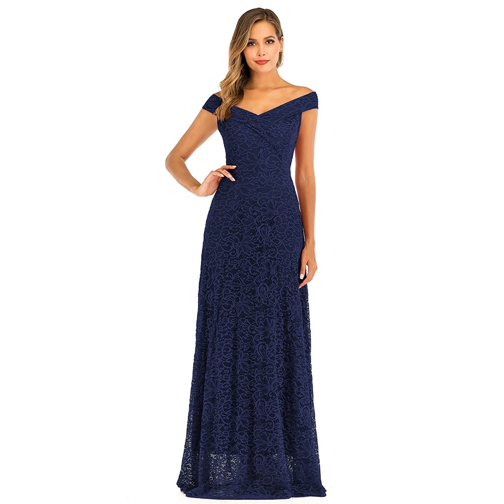 new lady off-shoulder lace sexy long dress women banquet elegant solid slim dress